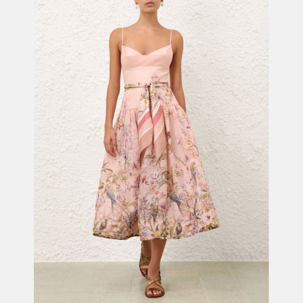 Zimmermann Rebellion Pink Floral Midi Dress with Scarf Tie NWT. Beautiful